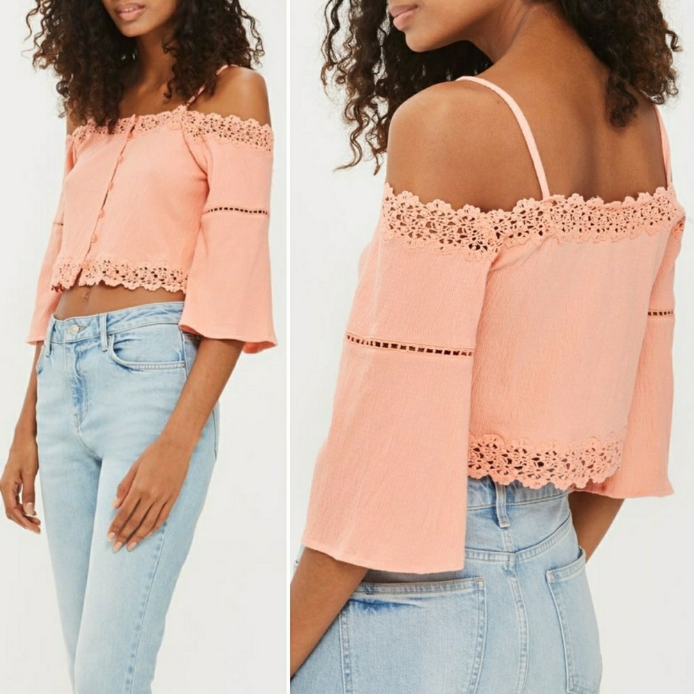 TopShop Cold Shoulder Boho Crop Top Sz 6 Coral